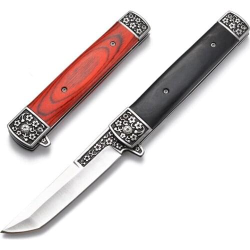 DuoClang Outdoor Hiking Survival Knife High Hardness, Wood Handle Folding Blade Knife Pocket Tool