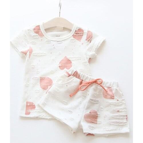 Baby Girls Clothes Sets 2019 Summer Heart Printed Girl Short Sleeve Tops Shirts + Shorts Casual Kids Childrens Clothing Suit