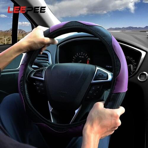 LEEPEE Anti Slip Car Steering Wheel Cover Carbon Fiber PU Leather Steering Cover for 37-38cm Breathable Auto Decoration