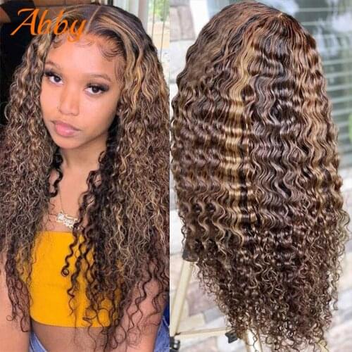 Mongolian Curly Highlight Lace Front Human Hair Wigs Ombre Colored Lace Closure Wigs For Women Curly Honey Blonde Lace Wigs ABBY