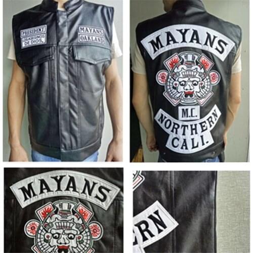 2020 Mens Sons Of Anarchy Embroidery Leather Vest Cosplay Costume Black Color Motorcycle Rock Punk sleeveless Mayans MC Jackets