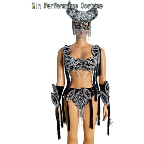 Rave Outfit Festival Clothing Costume Bikini Big rhinstone Pearls Chain HeadGear stage clothing Accessries