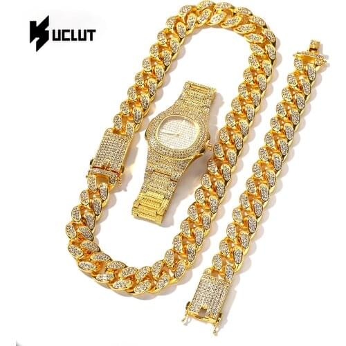 Necklace +Watch+Bracelet Hip Hop Cuban Link Chain Iced Out Paved Rapper for Man Miami Curb Jewellery Set