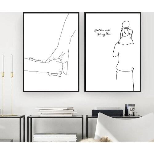 Dad and Child Hold Hands Art Line Drawing Canvas Posters Abstract Minimalist Wall Art Print Painting Modern Decorative Pictures