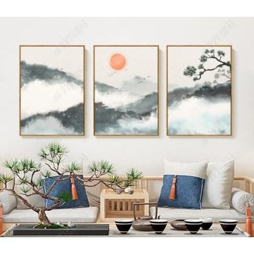 Chinese Style Abstract Mountain Top Cloud Pine Branch Freehand Landscape Canvas Paintings Poster Print Wall Art Picture Home De