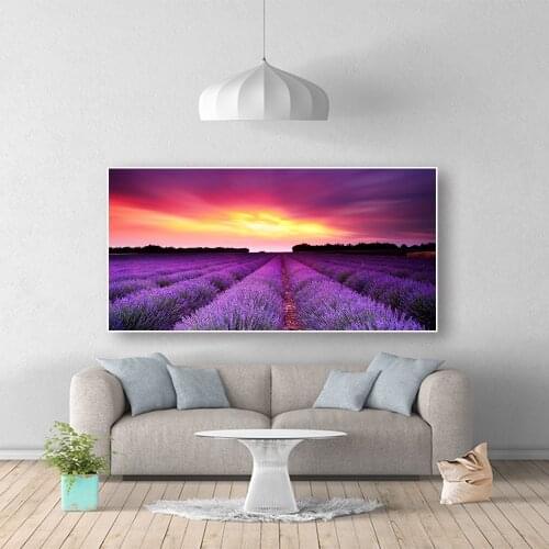 Romantic Purple Lavender Flowers Sea Sunset Landscape Wall Art living room Home Decor Picture HD Prints Posters Canvas Paintings