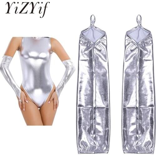 YiZYiF Sexy Women Shinny Gloves Clubwear Costumes Gloves Wetlook Patent Leather Stretchy Fingerless Long Gloves Party Costume