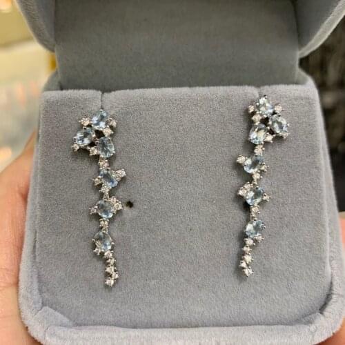 Natural aquamarine earring long 925 sterling silver with cubic zircon 36*8MM fine women jewelry free shipping