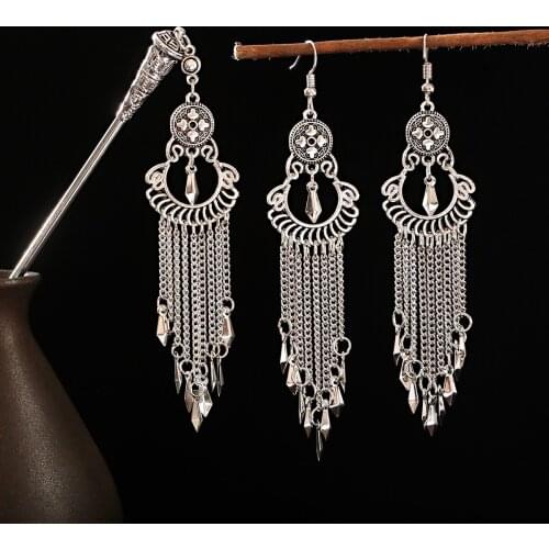 Tassel Earrings For Women Accessories Gypsy Indian Jewelry Earring And Hairpin Set Hair Sticks Vintage Chinese Style Funny Gifts