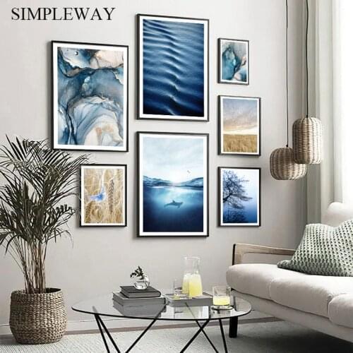 Blue Ocean Whale Seascape Canvas Painting Nordic Nature Landscape Poster Print Scandinavian Wall Art Picture Modern Home Decor