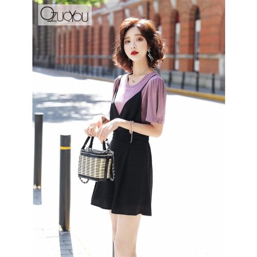 Sling Playsuits Womens Summer Thin High Waist Wide-leg Shorts Suit And T-shirts Two Piece Fashion Suspender Romper aq685