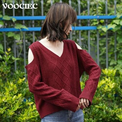 VOOCIEC Autumn Knit Sweater Women Korean Sweater Harajuku Hollow Out Long Sleeve Slim Office Lady Vintage Fashion Niche Sweater
