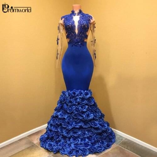 Royal Blue Muslim Evening Dresses 2020 Flowers Lace Beaded Dubai Saudi Arabic Formal Dress Mermaid Long Sleeves Evening Gown