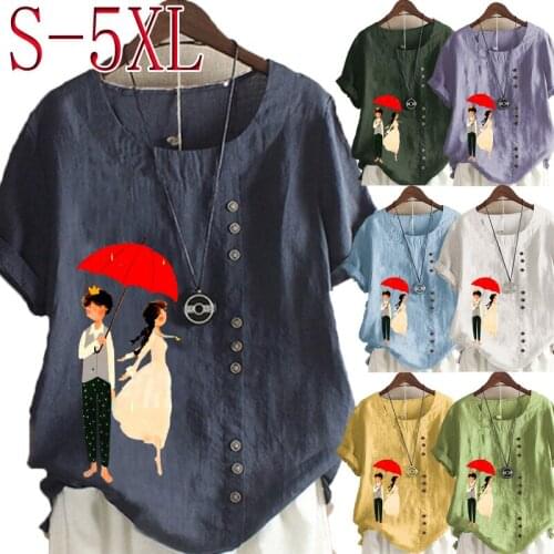 Womens Casual Cartoon Printed Linen Shirt Ladies Tops Round Neck Short Sleeved Plus Size T-Shirt Loose Graphic Blouse
