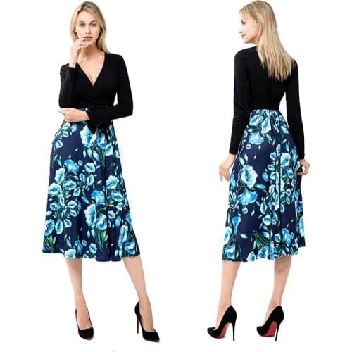 Womens Dresses Printed dress V-neck Long-sleeved Cotton Printed A-line Skirt Stitching Belt Skirt Spring And Summer New Muslim