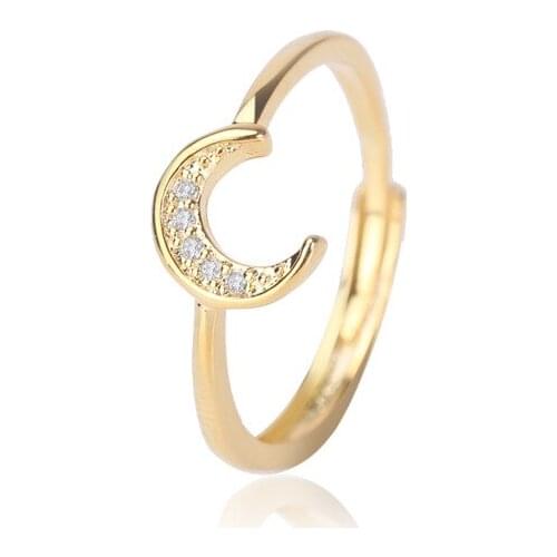Women Ring 925 Silver Jewelry Accessories Moon Shape Inlaid Zircon Gemstone Gold Color Open Finger Rings for Wedding Party Gift