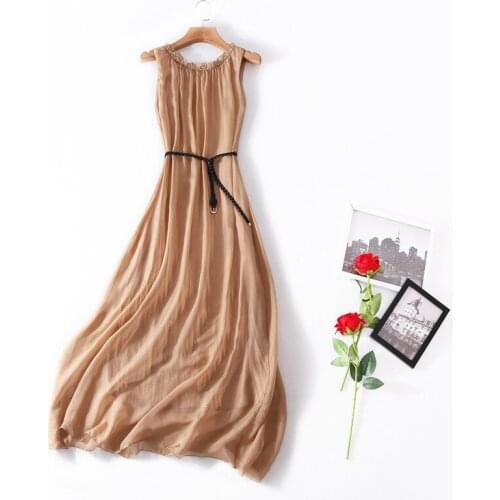 Boutique New Style Lady Sleeveless Temperament Silk Dresses Womens Lace-Up Waist Large Skirt Loose Mid-Length 2021 Summer Dress