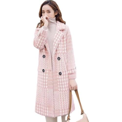 2020 Fashion Plaid Wool Coat Women Autumn Winter Korean Medium Long Coats Ladies Turndown Collar Warm Pink New Outerwear Ubrania