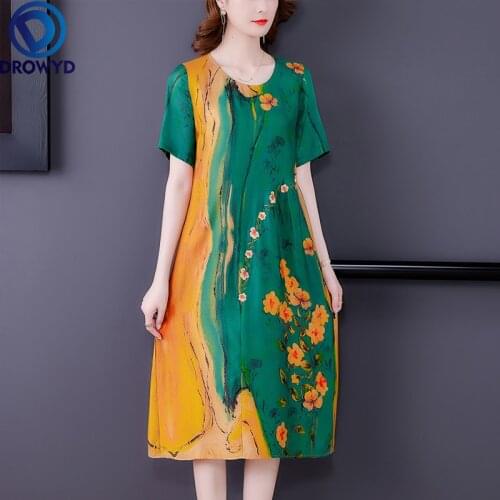 2021 Summer Women Vintage Green Print Mulberry Silk Dress New Female Luxury O-neck Loose Floral Dresses Bodycon Party Vestidos