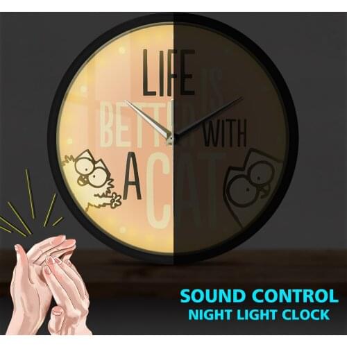 Life Is Better With A Cat Voice Control Wall Clock Pink Background Cute Comic Kitty Lighted Watch Night Lamp