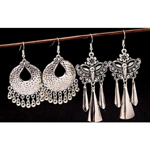 2019 Ethnic Butterfly Alloy Tassel Earrings For Women Vintage Classic Jhumka Water Drop Jhumki Ladies Dangle Earrings Tibetan
