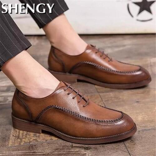 2020New Men Leather Shoes Hand Stitched Elegant Lace Up Men Business Shoes Rome Style Office Formal Dress Shoes Mens