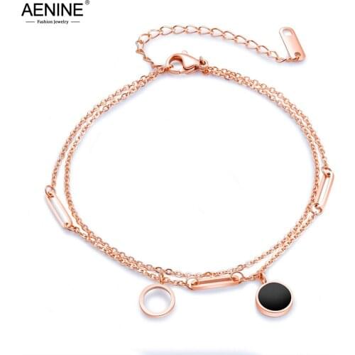 AENINE Bohemia Rose Gold Love Double Geometry Circle Anklets For Women Titanium Steel Link Chain Anklet Female Jewelry AOGZ056