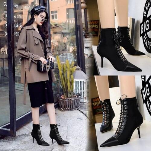 Retro fashion high heels with hollow out cross strap pointed a pedicure show thin and sexy female short boots