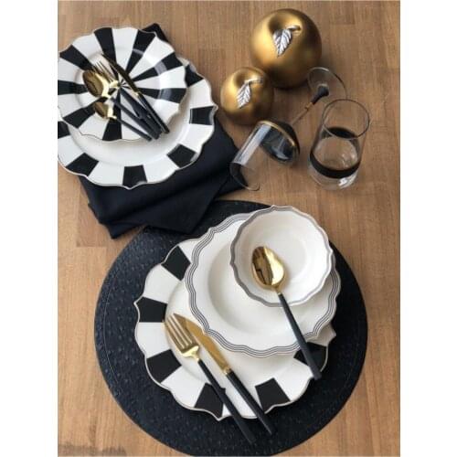 Black White 24 Piece Porcelain Dinnerware 6 Dinner Plates 6 Serving Plates 6 Cake Plates 6 Bowls Dishes for Serving Stamping