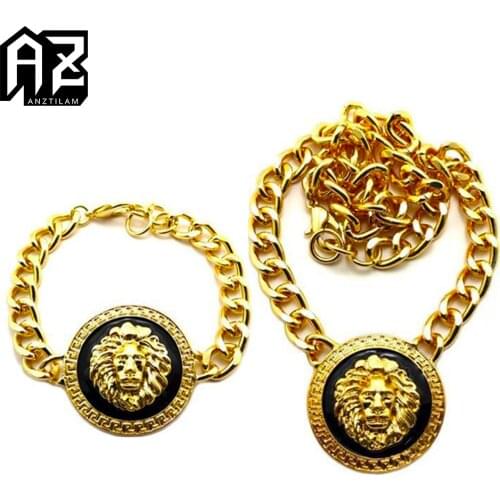 AZ Hip Hop Gold Color Lion Necklace Bracelet Set Fashion Cuban Chain Choker Sets For Women Men Jewelry Kits Free Shipping