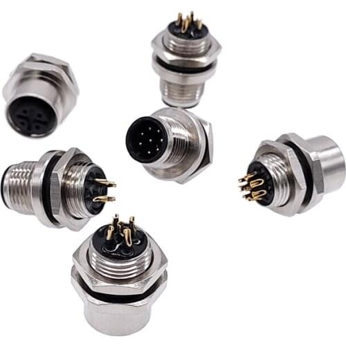 M12 panel back mount Flange Socket Sensor Connector Waterproof Screw Threaded coupling Male Female 4 5 8Pin