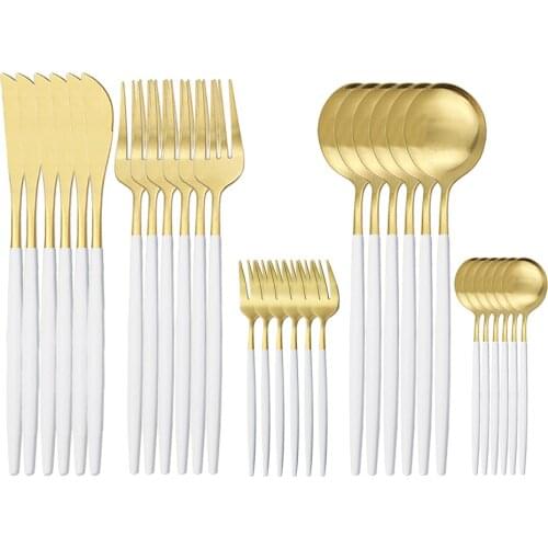 30Pcs Matte White Gold Tableware Set Stainless Steel Dinnerware Set Gold Cutlery Set Knife Spoon Fork Kitchen Flatware Set