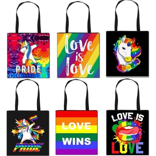 Pride LGBT Shoulder Bag Lesbian Gay Love Wins Women Handbag Canvas Shopping Bags for Travel Rainbow Casual Totes