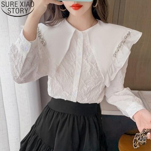 2021 Autumn New Diamonds Peter Pan Collar Sweet Ruffles Fashion Puff Long Sleeve Shirts Women Tops Blouse Blusa Mujer 16368