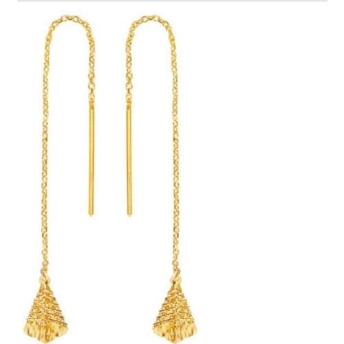 New 24K Yellow Gold Earrings Women 999 Gold Long Link Dangle Earrings