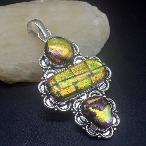 Hermosa Elegant Fashion Antique Dichroic Glass Silver Color Charm Necklace Pendant for Women Gifts 74mm FQ123