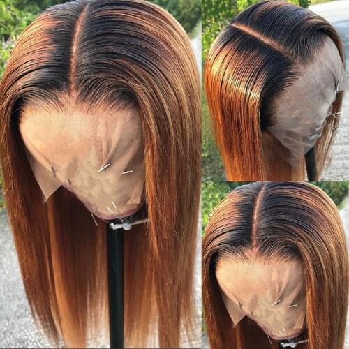 Ombre Color Human Hair Wigs 1B/30 Straight Hair 180% T Part Lace Wigs Brazilian Remy Pre Plucked Brown Hair Lace Front Wigs
