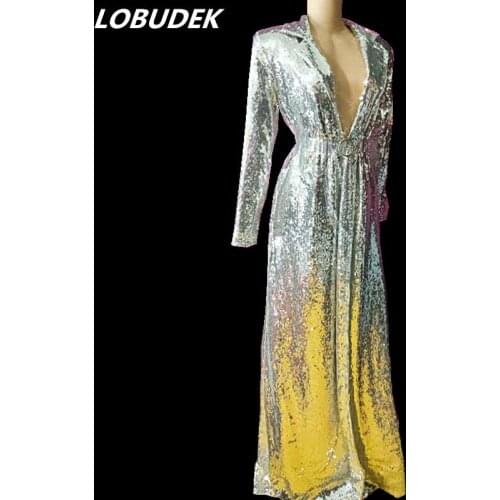 Silver Sequin Lengthening Coat Fashion No Buttons Cloak Overcoat Sexy Female Singer Concert Performance Stage Wear Dance Costume