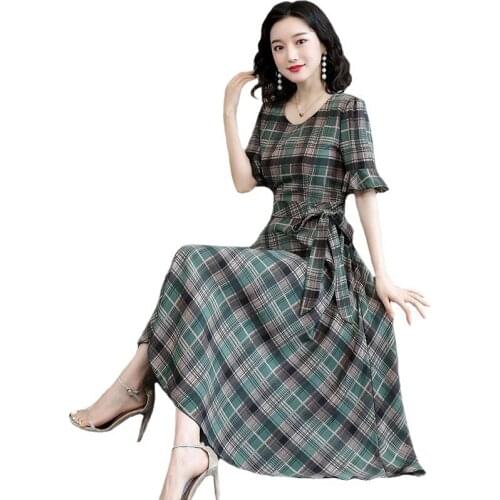 Plus Size Short-Sleeved Dresses Female 2021 New Summer Womens Plaid Dress Fashion Slim Plaid Hedging Long Lady Dress Sundress