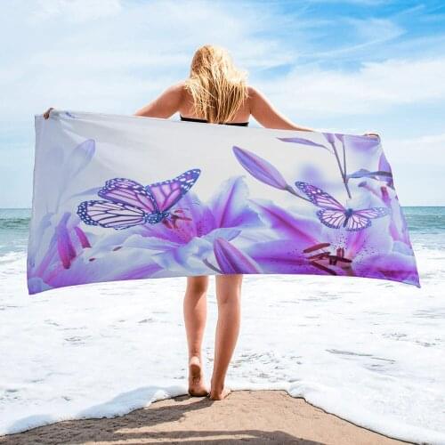 Purple Butterfly Lily Flower Bath Towel Swimming Quick-Dry Bath Towel Bathroom Accessories Microfiber Beach Towels
