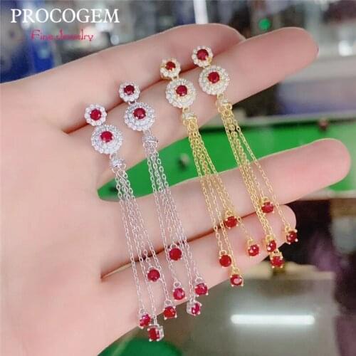 PROCOGEM luxurious Tassel Earrings Natural Ruby Drop Earrings for Women Party Real Gemstones silver 925 fine Jewelry #759