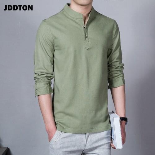 JDDTON New Men Spring Cotton Linen Kimono Shirt Long Sleeve Solid Leisure Chinese Clothes Casual Stand Collar Shirts JE039