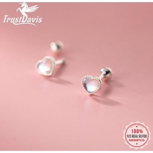 TrustDavis Real 925 Sterling Silver Fashion Heart Synthesis Coloured Glaze Screw Stud Earrings for Women Wedding Jewelry DB514