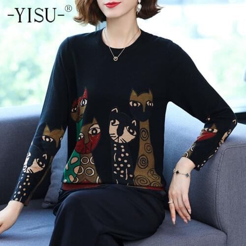 YISU Spring Autumn Wool Sweater Jumper O-Neck Cartoon Printing tops Long sleeves Female Casual Knitted pullover Women clothing