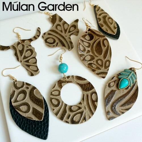 M&G Embossed Vintage Cowhide Leather Earrings for Women Round Horse Eye Bull Head Bohemian Dangle Earrings Fashion Jewelry Gift