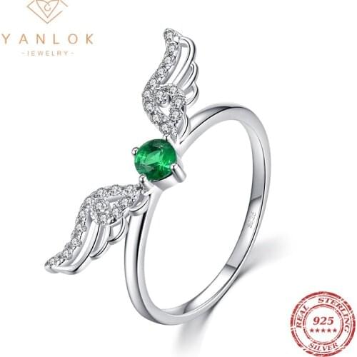 YANLOK Genuine 925 Sterling Silver Angel Wings Feather Finger Ring For Women Luxury Sparkling Pave Clear CZ Fine Jewelry