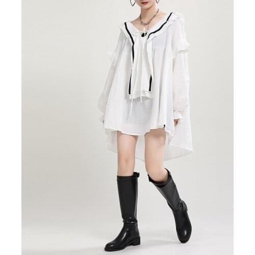 YourSeason New Ladies Ruffles Long Irregular Tops 2021 Autumn Spring Fashion V Neck Solid Color Women Plus Size Shirts