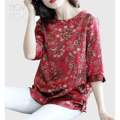 Women summer spring boho floral print green red natural silk t shirt tops plus size 1/2 sleeve stretch silk camisa ropa LT2263