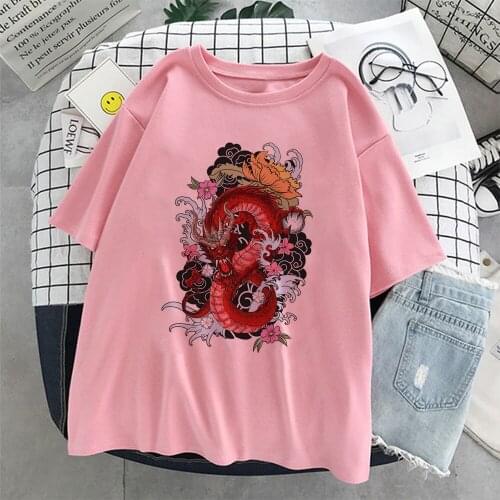 Woman Cotton Tshirt Harajuku Dragon Kpop Ropa Mujer Y2k Tops Aesthetic Vintage Femme T-shirt Korean Style Oversized Pink T Shirt