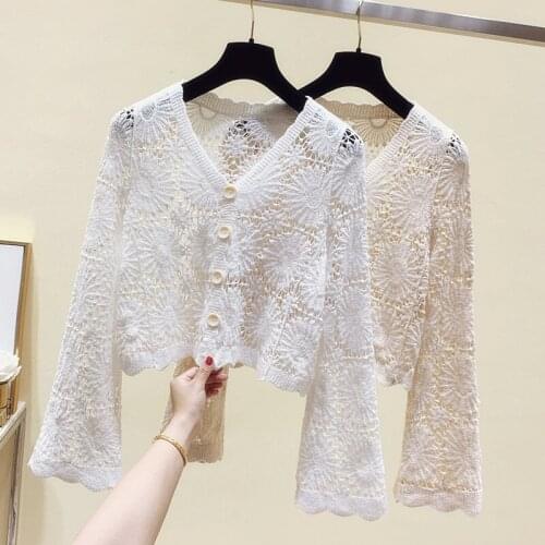 Hollow Out Lace Knitted Women White Shirts Summer New 2021 Flare Sleeved Short Solid Lightweight Female Elegant Cardigan Tops